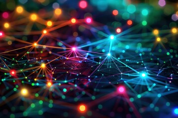 Fototapete - A vibrant abstract representation of interconnected nodes and links illuminated by colorful lights, creating a mesmerizing visual effect in a dark setting