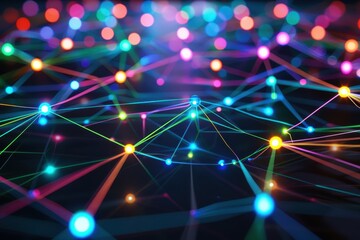 Fototapete - A vibrant abstract representation of interconnected nodes and links illuminated by colorful lights, creating a mesmerizing visual effect in a dark setting