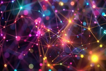 Fototapete - A vibrant abstract representation of interconnected nodes and links illuminated by colorful lights, creating a mesmerizing visual effect in a dark setting