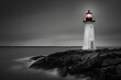 © SaroStock - A solitary lighthouse stands tall amidst thick fog on a calm evening, casting its guiding light over the tranquil waters of the bay