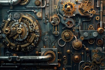 Aufkleber - Intricate arrangement of vintage gears and mechanical components on a dark metal surface showcasing the artistry in machinery and engineering design