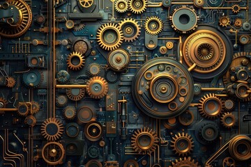 Leinwandbilder - Intricate arrangement of vintage gears and mechanical components on a dark metal surface showcasing the artistry in machinery and engineering design