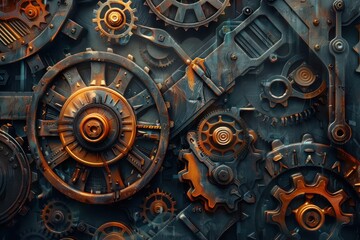 Leinwandbilder - Intricate arrangement of vintage gears and mechanical components on a dark metal surface showcasing the artistry in machinery and engineering design