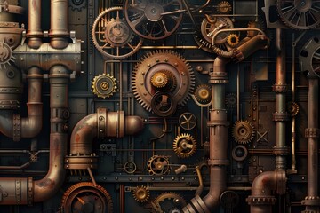 Leinwandbilder - Intricate arrangement of vintage gears and mechanical components on a dark metal surface showcasing the artistry in machinery and engineering design