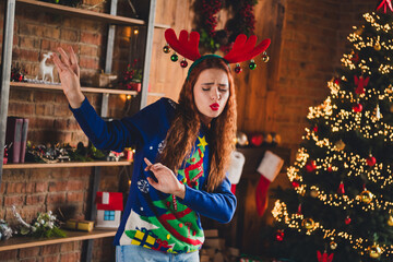 Poster - Photo of cheerful positive good mood girl wear blue sweater have fun dance new year theme party indoors