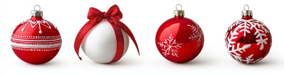 A transparent and red Christmas ball with snow effect and a red bow set is shown on a white background. This is a modern-looking illustration of a holiday decoration template.