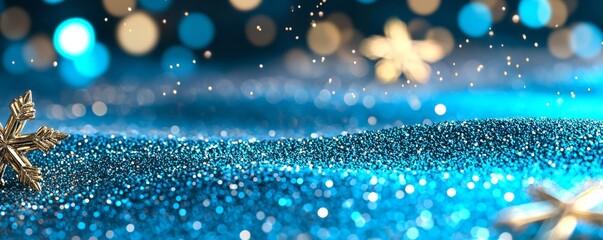 Wall Mural - a background of abstract glitter lights in blue, gold, and black. defocused.