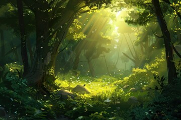 Poster - Sunlight filters through dense trees in a vibrant forest, illuminating the path with colorful wildflowers, creating a serene atmosphere during the golden hour of early morning