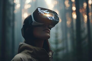 Aufkleber - A person experiences virtual reality with a high-tech headset while immersed in a futuristic environment during a captivating session