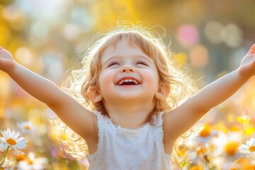 Un niño pequeño corre alegremente a través de un campo de flores silvestres, con los brazos abiertos y una sonrisa radiante. La luz del sol ilumina su rostro, reflejando libertad y felicidad desbordan