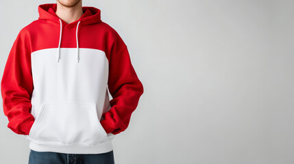 Young man wearing a red and white hoodie with hands in pockets, showcasing the front of the garment against a neutral backdrop