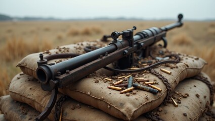 Rusty machine gun nest with empty shells and bullets in barren field