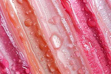 Fototapete - Colorful liquid textures arranged in vibrant stripes, showcasing various shades of pink and red with droplets, creating a visually striking abstract design