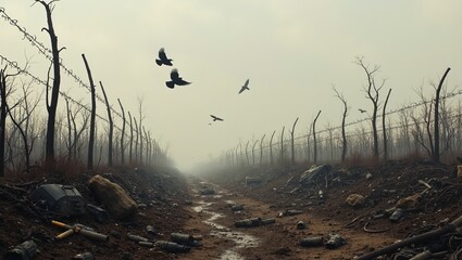 post apocalyptic battlefield with destroyed military equipment and circling crows
