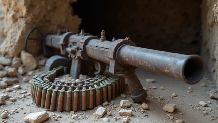 Rusted machine gun in abandoned bunker with intact ammo belt