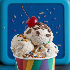 colorful ice cream cup topped with different flavors and colors of ice cream