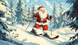 © Aleza - Santa joyfully skiing through a snowy forest, perfect for festive holiday illustrations.