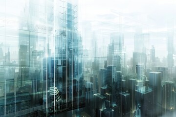 Poster - A futuristic cityscape with towering glass structures and floating platforms illuminated by vibrant blue lights and a cloudy sky
