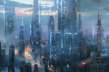 Poster - A futuristic cityscape with towering glass structures and floating platforms illuminated by vibrant blue lights and a cloudy sky