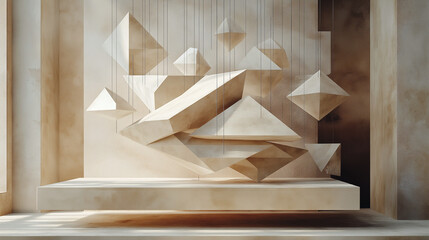 Wall Mural - A sculpture of many shapes and sizes is suspended from the ceiling