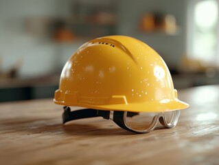 Safety Equipment Close-up: Hard Hat and Safety Goggles on Workbench