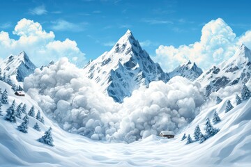 Majestic snow-covered mountains with fluffy clouds and a serene winter landscape under a bright blue sky.