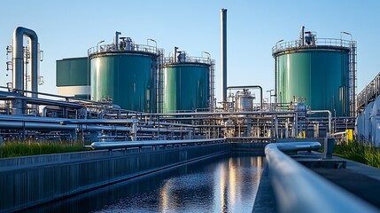 A close-up of hydrogen storage tanks at an industrial site, with pipelines running across the plant, representing large-scale hydrogen energy production.