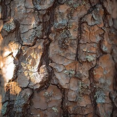 Sticker - Close-up of textured tree bark with sunlight shining through cracks, creating a warm and inviting ambiance.