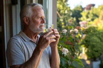 An older man stands by a window, quietly holding a glass of water, gazing thoughtfully outside, seemingly in introspection amidst green trees and calm surroundings.