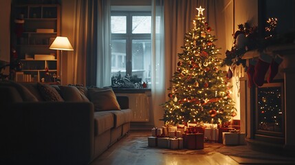 Festive Christmas tree decorated with glowing lights and ornaments in a cozy living room, with gifts underneath, copy space —ar 16:9