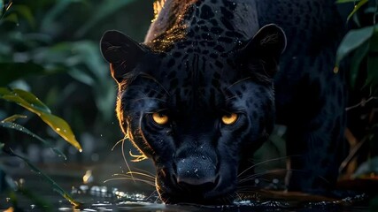 Wall Mural - Black panther drinking water in river. Wild cat in the jungles. Nature and wildlife conservation concept. Exotic animal.