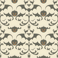 Vintage Halloween seamless pattern with pumpkins. Spooky holiday concept. Autumn season celebration. Illustration design for retro textile, wallpaper or print. Jack lantern