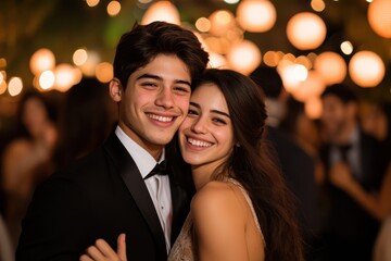 A happy couple dressed in formal attire smiles brightly during a festive evening event, embodying joy, companionship, and the charm of sharing joyful moments together.