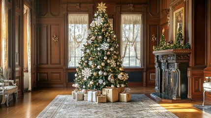 Festive Christmas tree decorated with glowing lights and ornaments in a cozy living room, with gifts underneath, copy space —ar 16:9