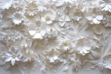 Poster - Delicate white floral paper art featuring intricate details of various flowers and leaves, creatively arranged to enhance texture and visual appeal in a soft, monochrome style