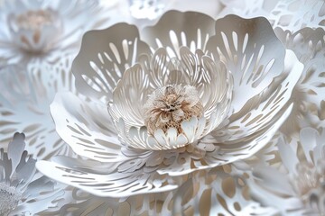Poster - Delicate white floral paper art featuring intricate details of various flowers and leaves, creatively arranged to enhance texture and visual appeal in a soft, monochrome style
