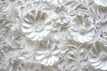 Aufkleber - Delicate white floral paper art featuring intricate details of various flowers and leaves, creatively arranged to enhance texture and visual appeal in a soft, monochrome style