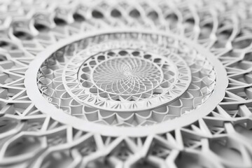 Poster - Intricate white laser-cut design featuring a spiral pattern, showcasing craftsmanship and attention to detail in a contemporary art setting