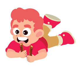 Poster - little boy eating chocolate sticks