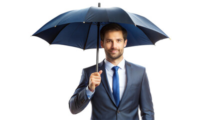 Professional man in suit holding a blue umbrella against transparent or white background.