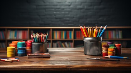 stack of books and pencils on school table against the background of the blackboard