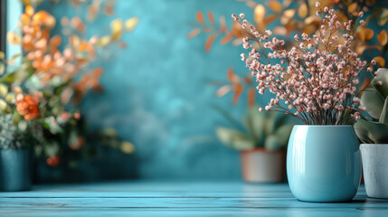 vibrant flower arrangement in blue vase on colorful background