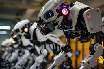 Fototapete - A lineup of robotic prototypes in a technology exhibition showcased during an industry event, highlighting advancements in automation and robotics in 2023