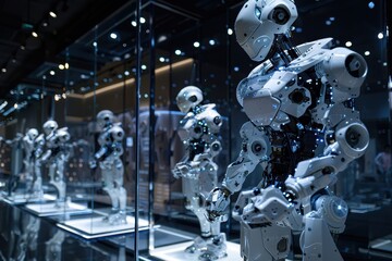 Fototapete - A lineup of robotic prototypes in a technology exhibition showcased during an industry event, highlighting advancements in automation and robotics in 2023