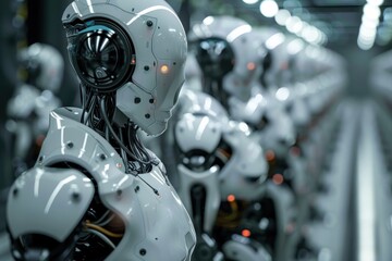 Poster - A lineup of robotic prototypes in a technology exhibition showcased during an industry event, highlighting advancements in automation and robotics in 2023