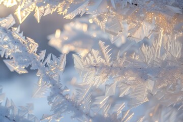 Poster - Frost-covered leaves glisten in the winter sunlight on a chilly morning, showcasing intricate ice patterns in a serene outdoor setting