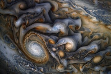 Poster - A mesmerizing cosmic swirl featuring a vibrant galaxy and the majestic planet Jupiter set against a dark, star-studded backdrop in the depths of space