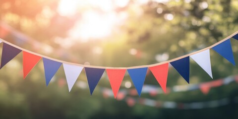 Red, white, and blue bunting banner for the summer festival, blurred background, close-up Generative AI