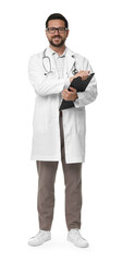 Poster - Smiling healthcare worker with stethoscope and clipboard on white background