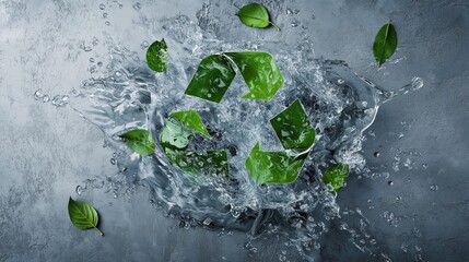 Sticker - recycling symbol in water with green leaves